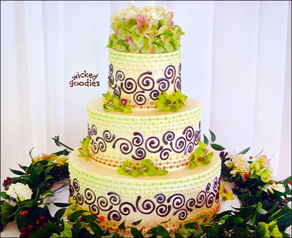 Swirls and Ombre Dots Wedding Cake by Wicked Goodies