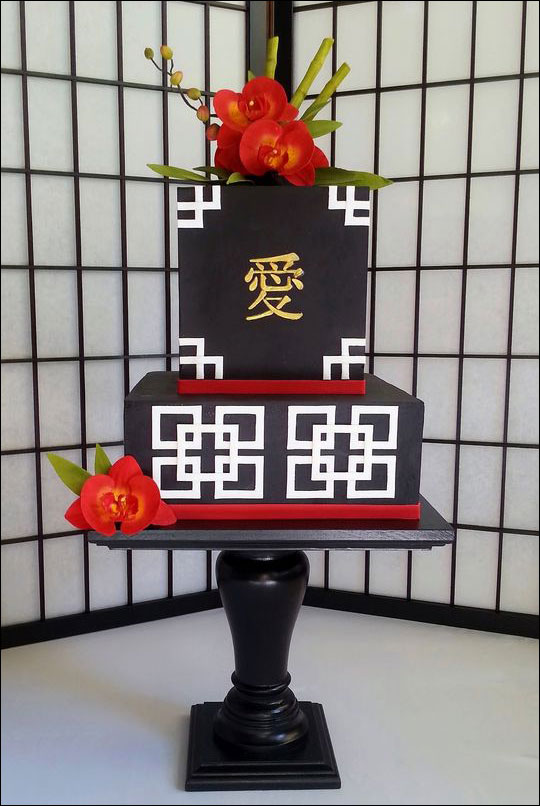 Black, White, and Red Square Wedding Cake